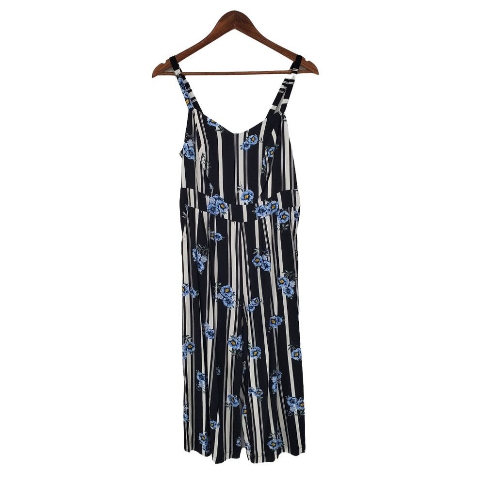 Torrid Black and Blue Floral Striped Jumpsuit